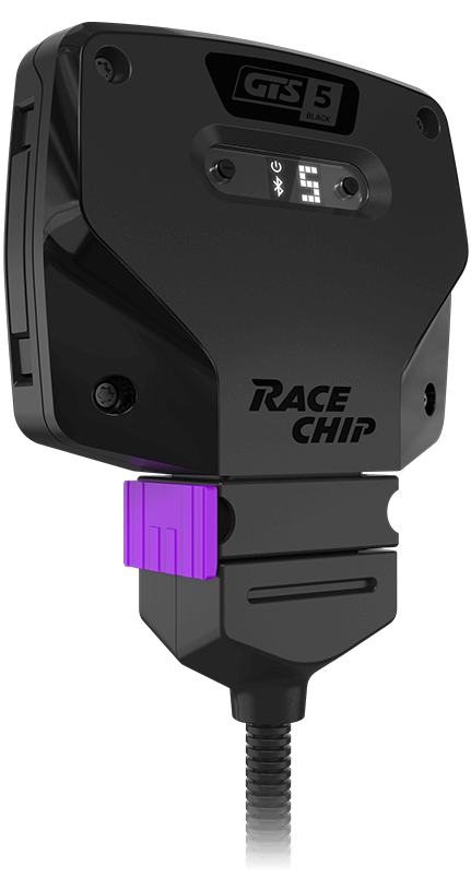 RaceChip GTS Black in dreiviertel Seitenansicht, mit violettem Sicherheitsverschluss und LED-Anzeige für Leistungsstufen.